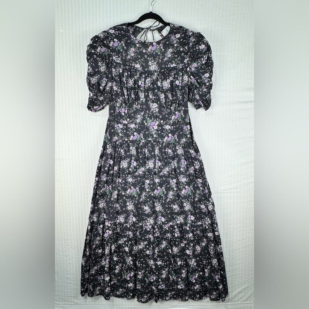 ASOS Cotton Tiered Black Ditsy Floral Maxi Dress Ruched Sleeves Button Back 14